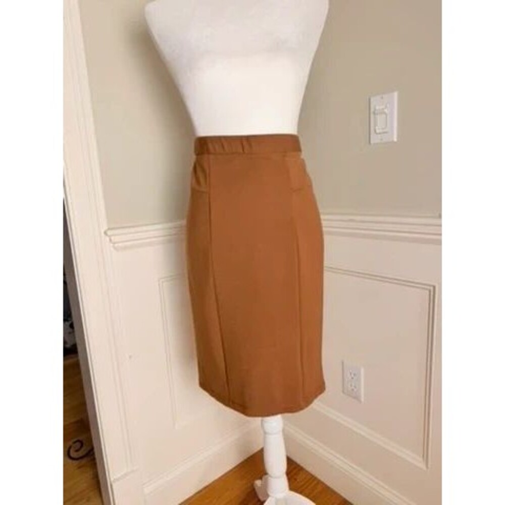 Tahari Brown Pull-On Pencil Midi Skirt Size S Stretch